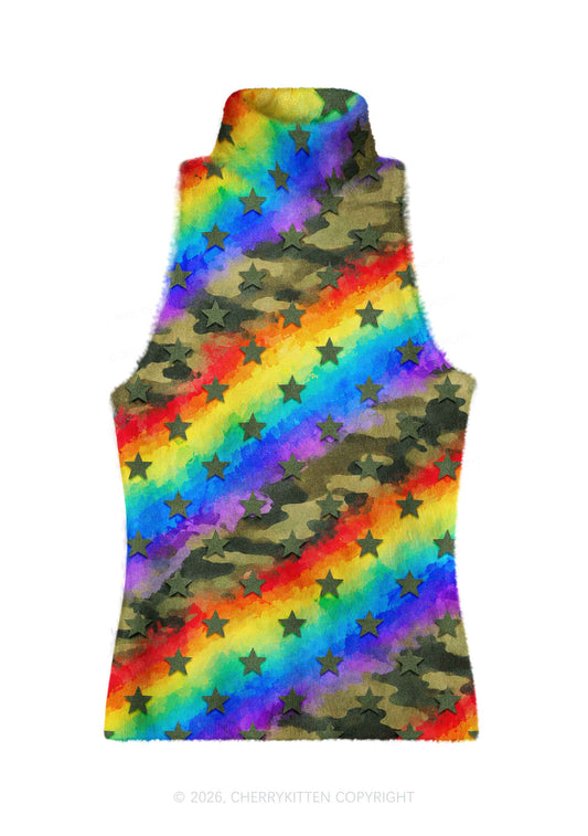 Rainbow Camo Star Y2K Knit Turtleneck Tank Top Cherrykitten
