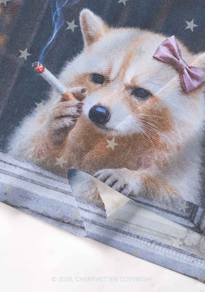 Pink Bow Smoking Raccoon Y2K Mesh Crop Top Cherrykitten