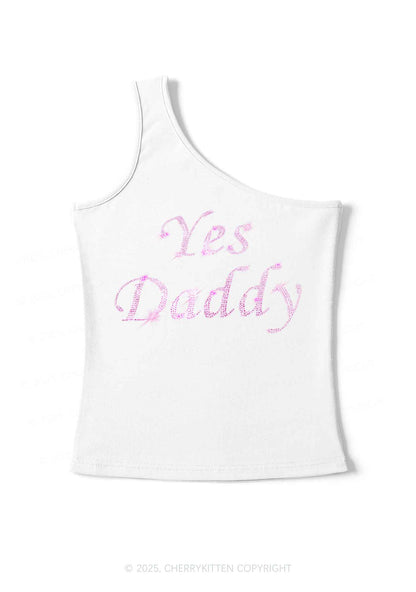 Rhinestone Yes Daddy Y2K One Shoulder Tank Top Cherrykitten