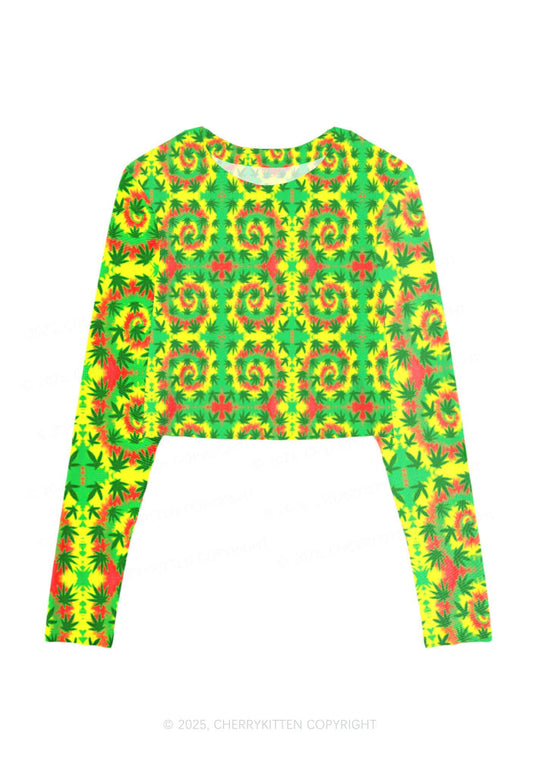 Trippy Leaves Y2K Mesh Long Sleeve Crop Top Cherrykitten