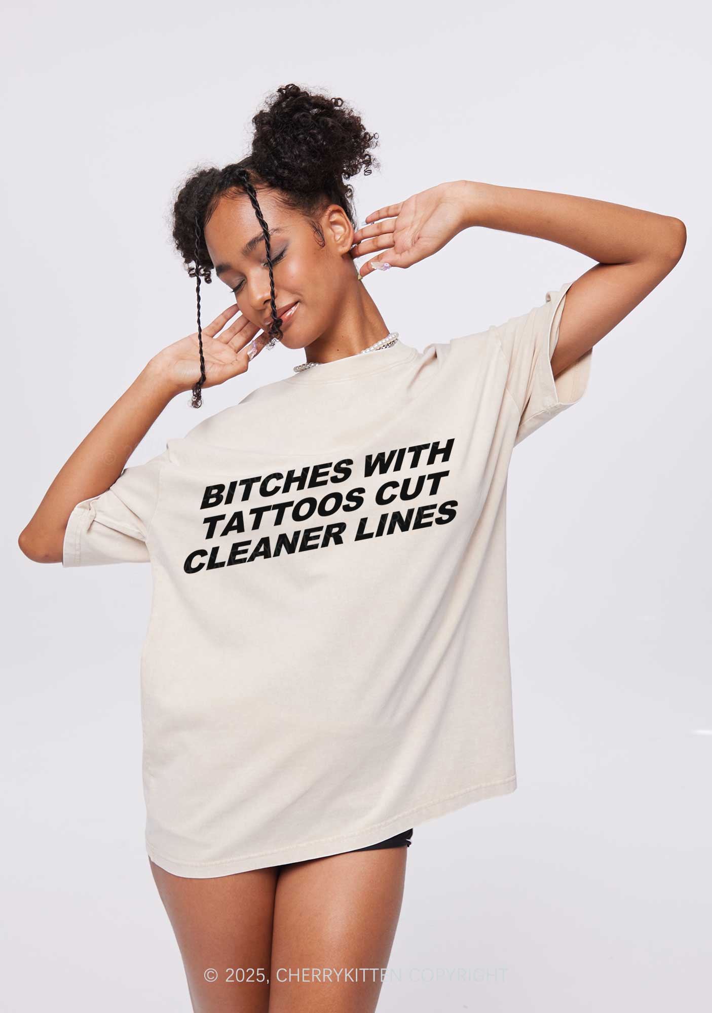 Tattoos Bitches Cut Cleaner Lines Y2K Shirts Washed Tee Cherrykitten