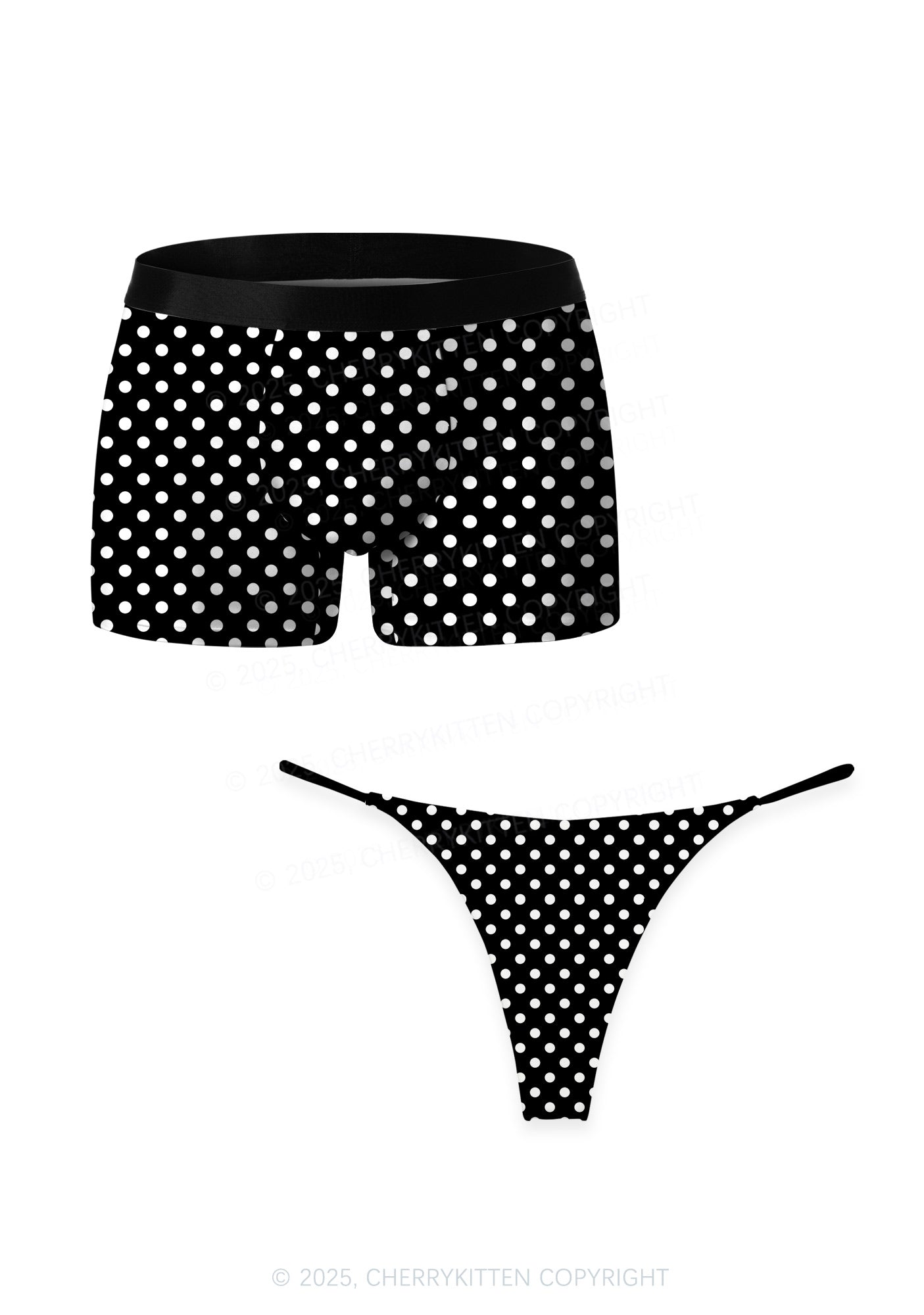 White Polka Dots On Black Valentine's Day Y2K Print Couples Boxer Thong Set Cherrykitten