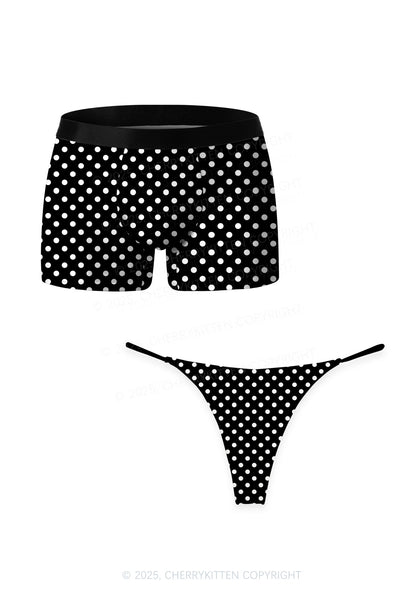 White Polka Dots On Black Valentine's Day Y2K Print Couples Boxer Thong Set Cherrykitten