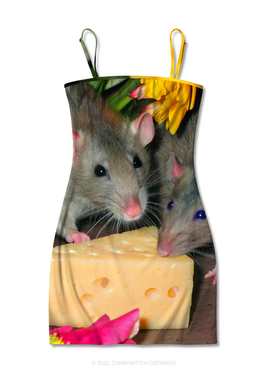 Rats Cheese Time Y2K Print Slip Dress Cherrykitten