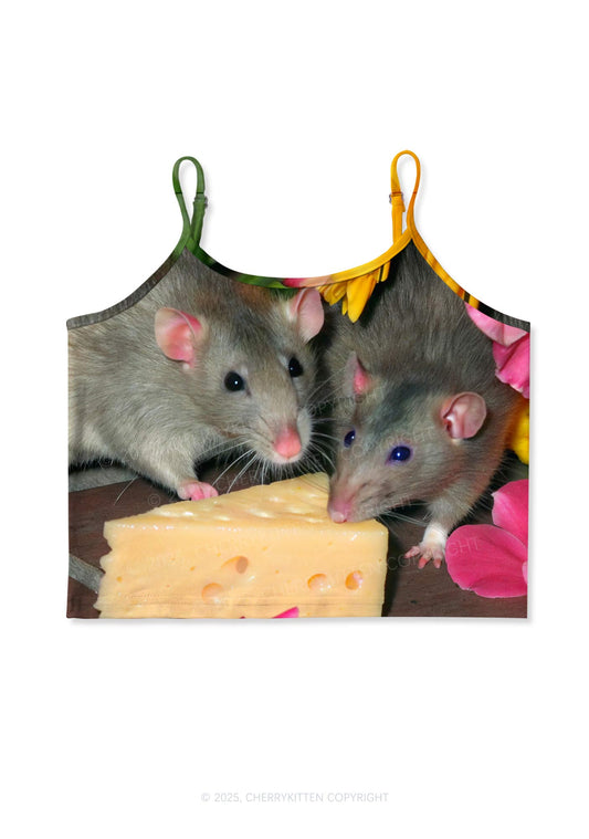Rats Cheese Time Y2K Print Cami Crop Top Cherrykitten
