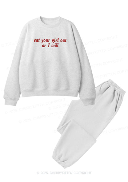 Embroidered Eat Your Girl Out Pride Y2K Fleece Sweatshirts Set Cherrykitten