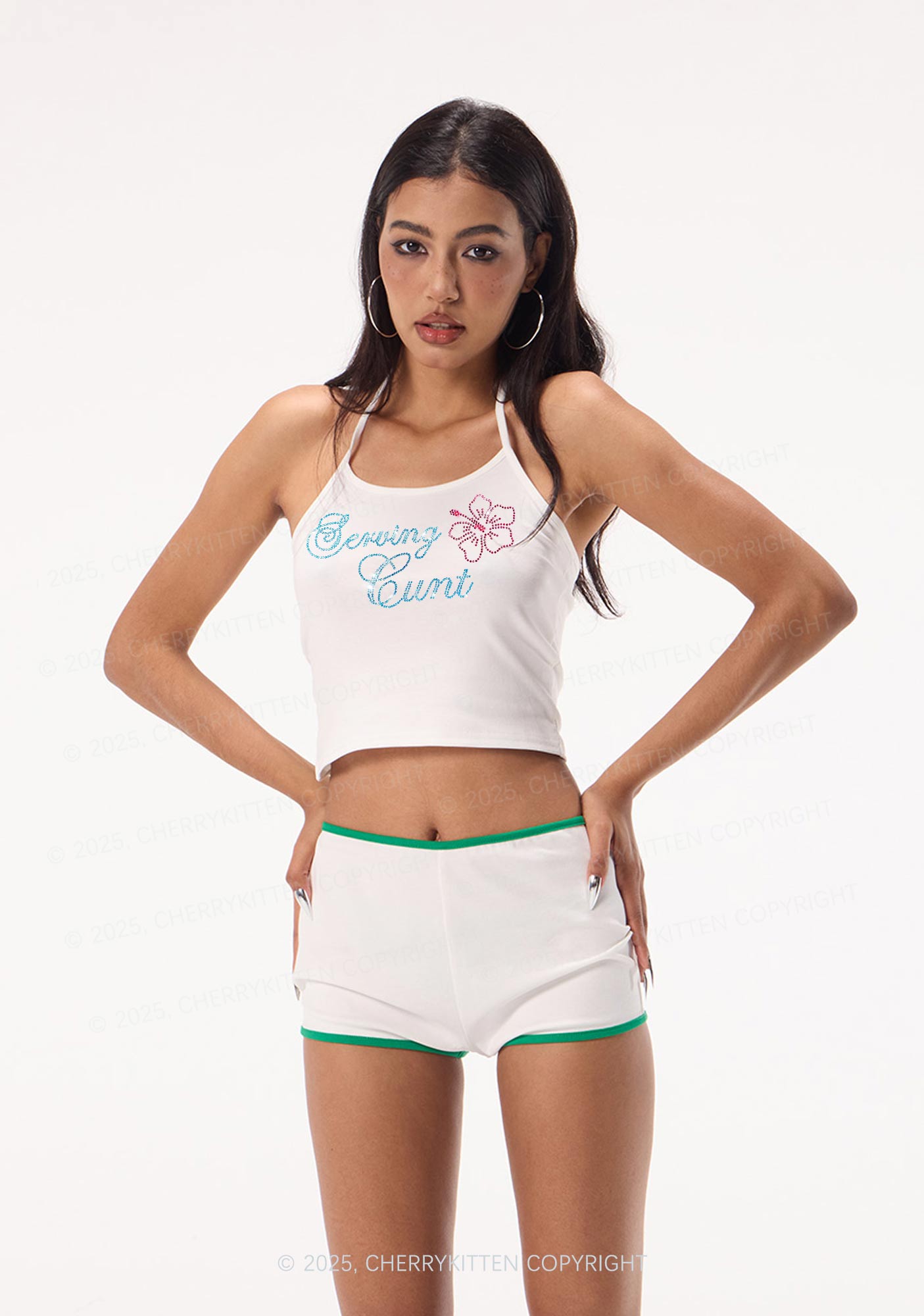 Rhinestone Serving Cxxt Y2K Halter Neck Cami Cherrykitten