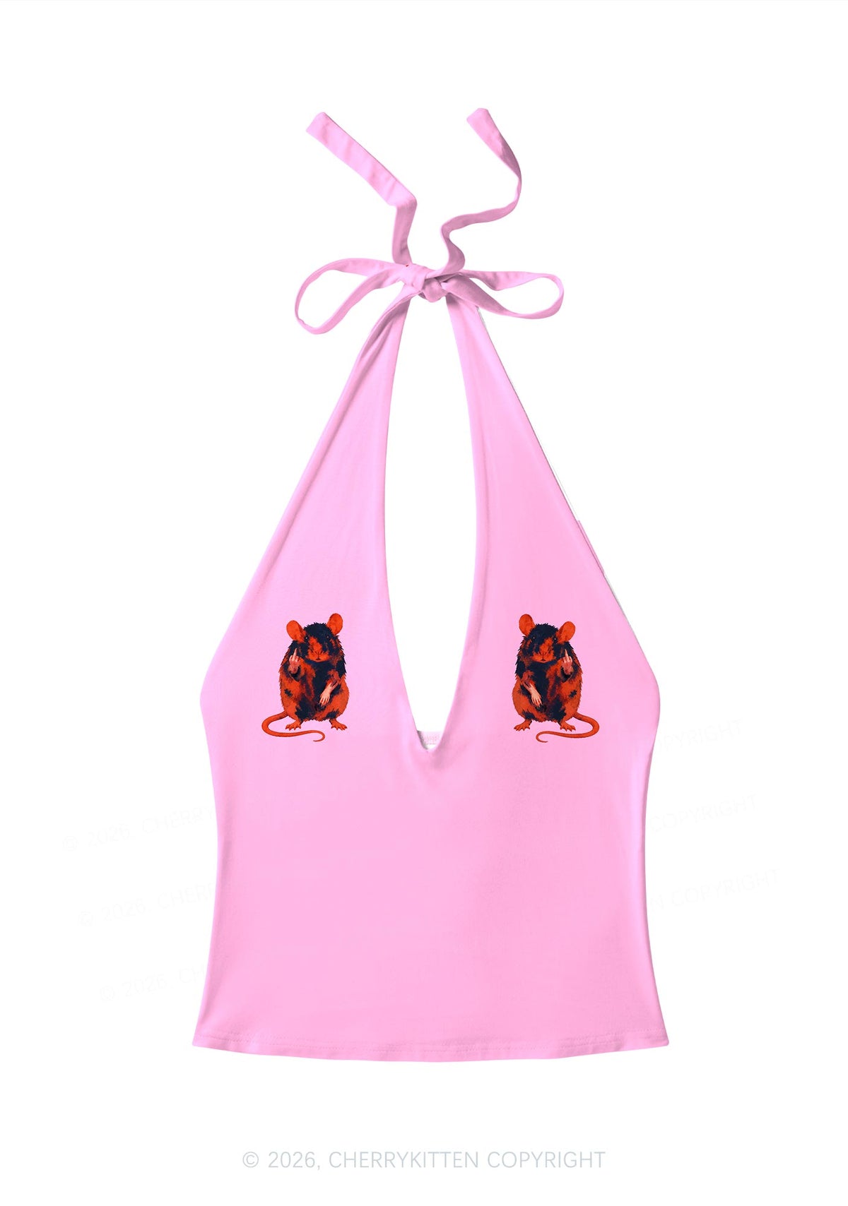 Sassy Rat Y2K Print Halter Deep V Neck Cami Cherrykitten