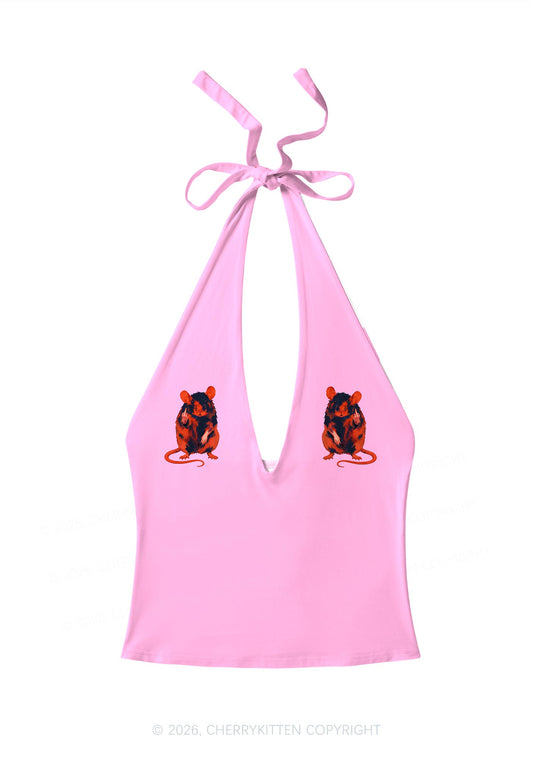Sassy Rat Y2K Print Halter Deep V Neck Cami Cherrykitten