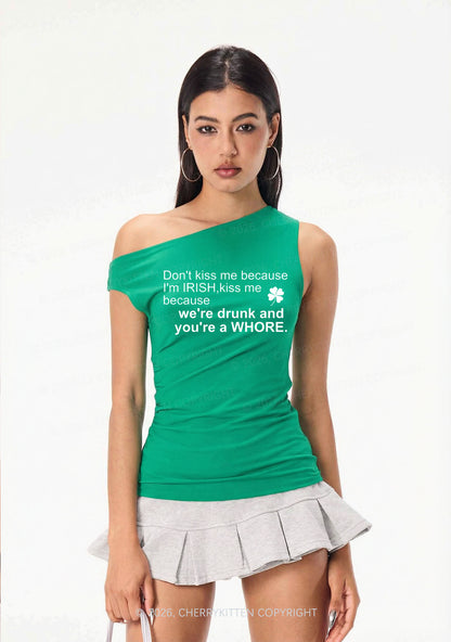 Drunk And Hore St Patricks Y2K Off Shoulder Tank Top Cherrykitten