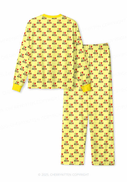 Love Me Not Men Yellow Valentine's Day Y2K Print Long Sleeve Pajama Set Cherrykitten