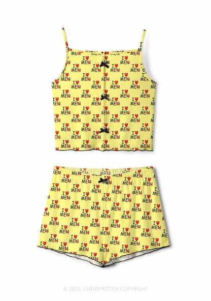 Love Me Not Men Yellow Valentine's Day Y2K Print Cami Shorts Pajama Set Cherrykitten