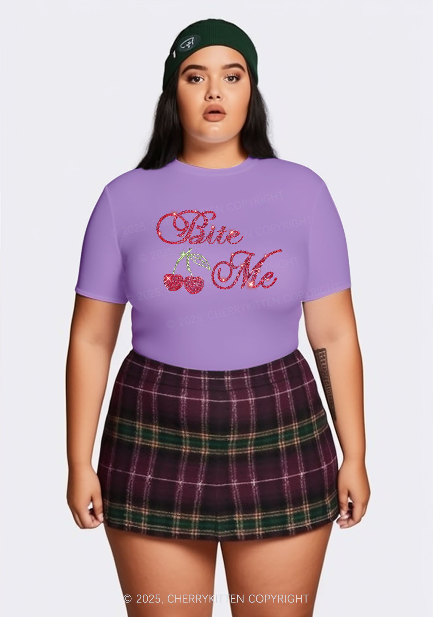 Curvy Rhinestone Red Cherry Bite Me Y2K Baby Tee Cherrykitten