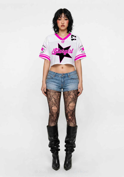 White Stargirl Y2K Crop Sport Jersey Shirts Cherrykitten