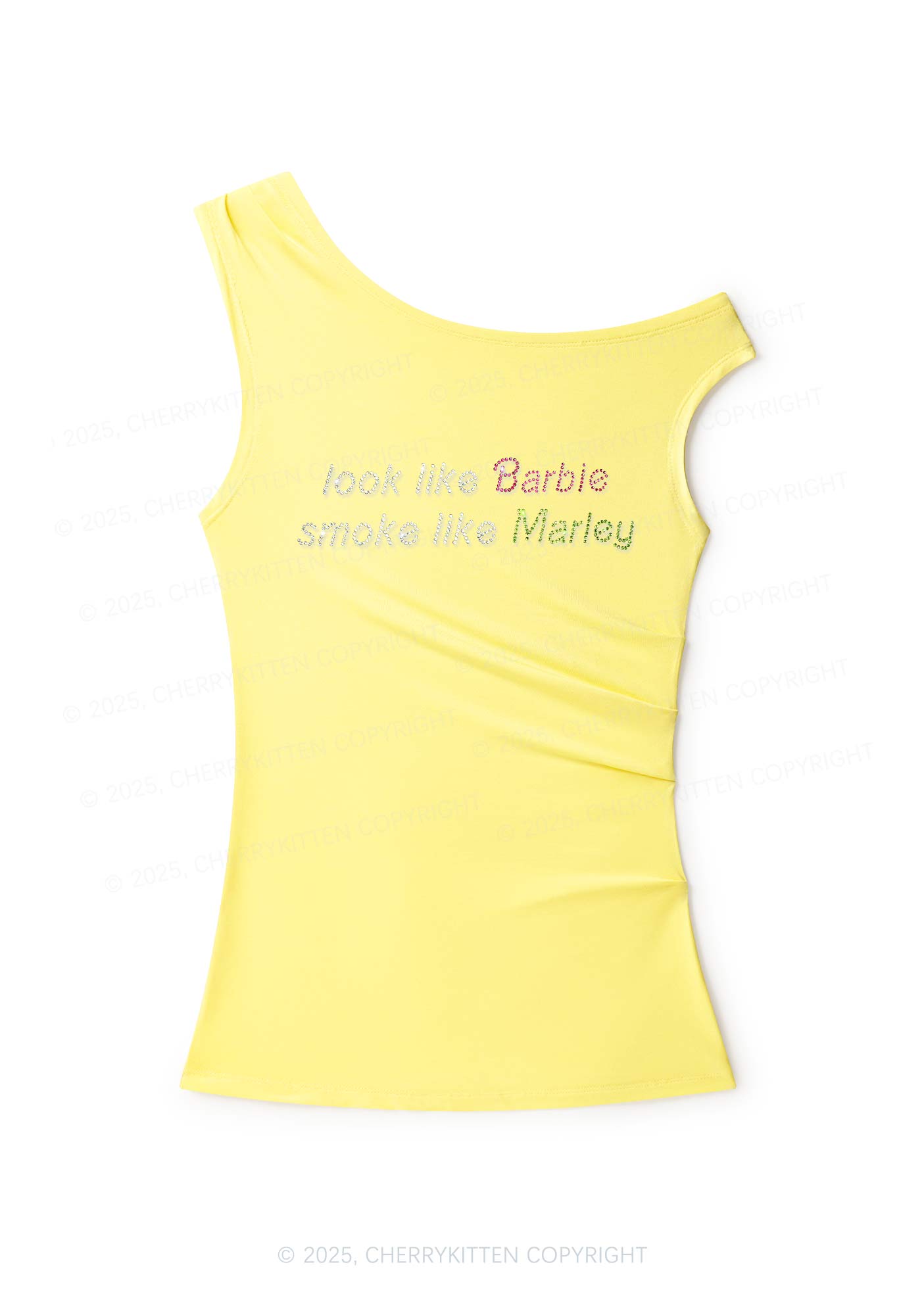 Rhinestone Smoke Like Marley Y2K Off Shoulder Tank Top Cherrykitten