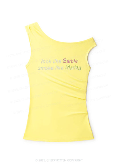 Rhinestone Smoke Like Marley Y2K Off Shoulder Tank Top Cherrykitten