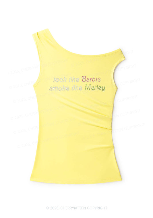 Rhinestone Smoke Like Marley Y2K Off Shoulder Tank Top Cherrykitten