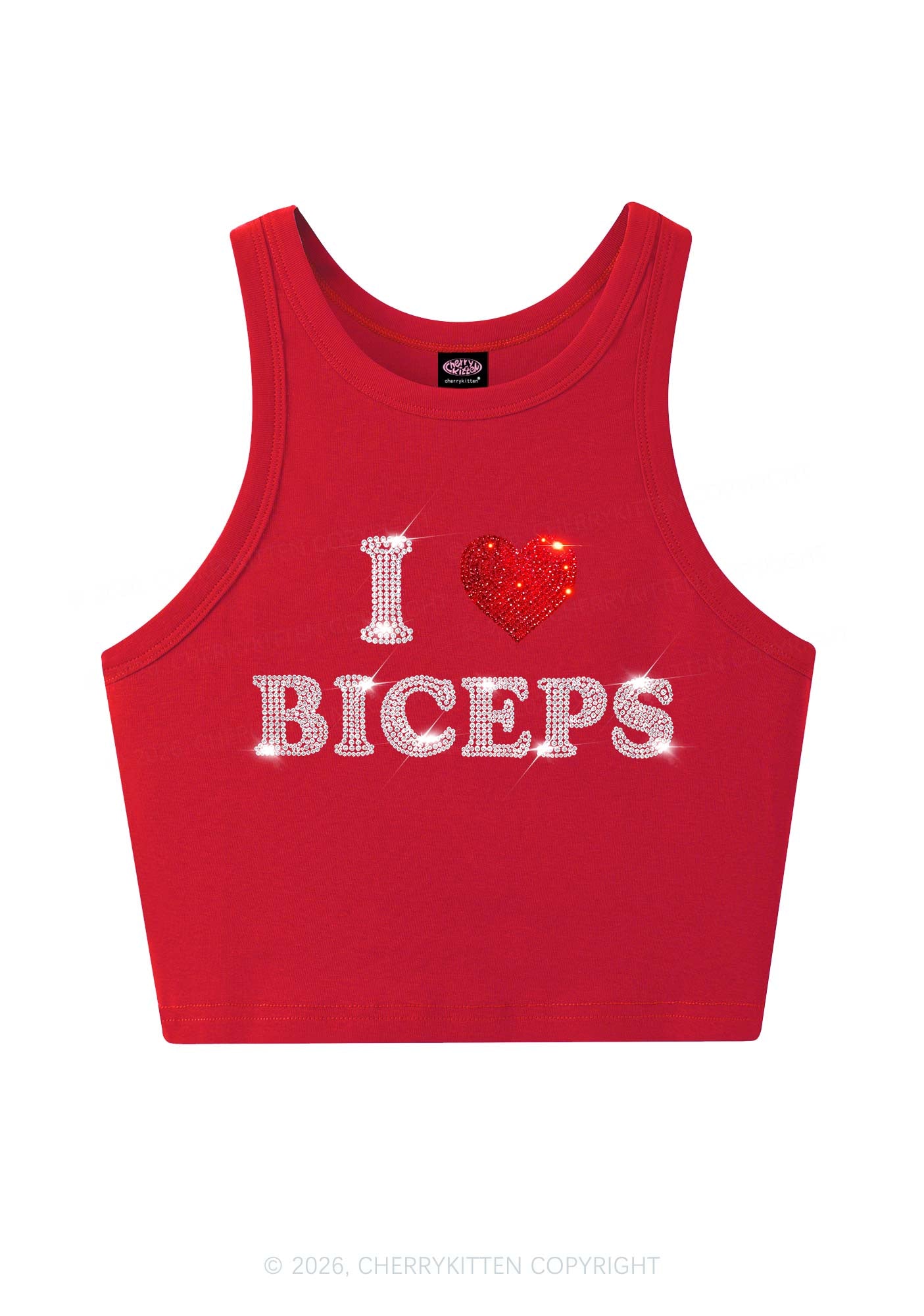 Cherrykitten Rhinestone I Love Biceps Y2K Crop Tank Top