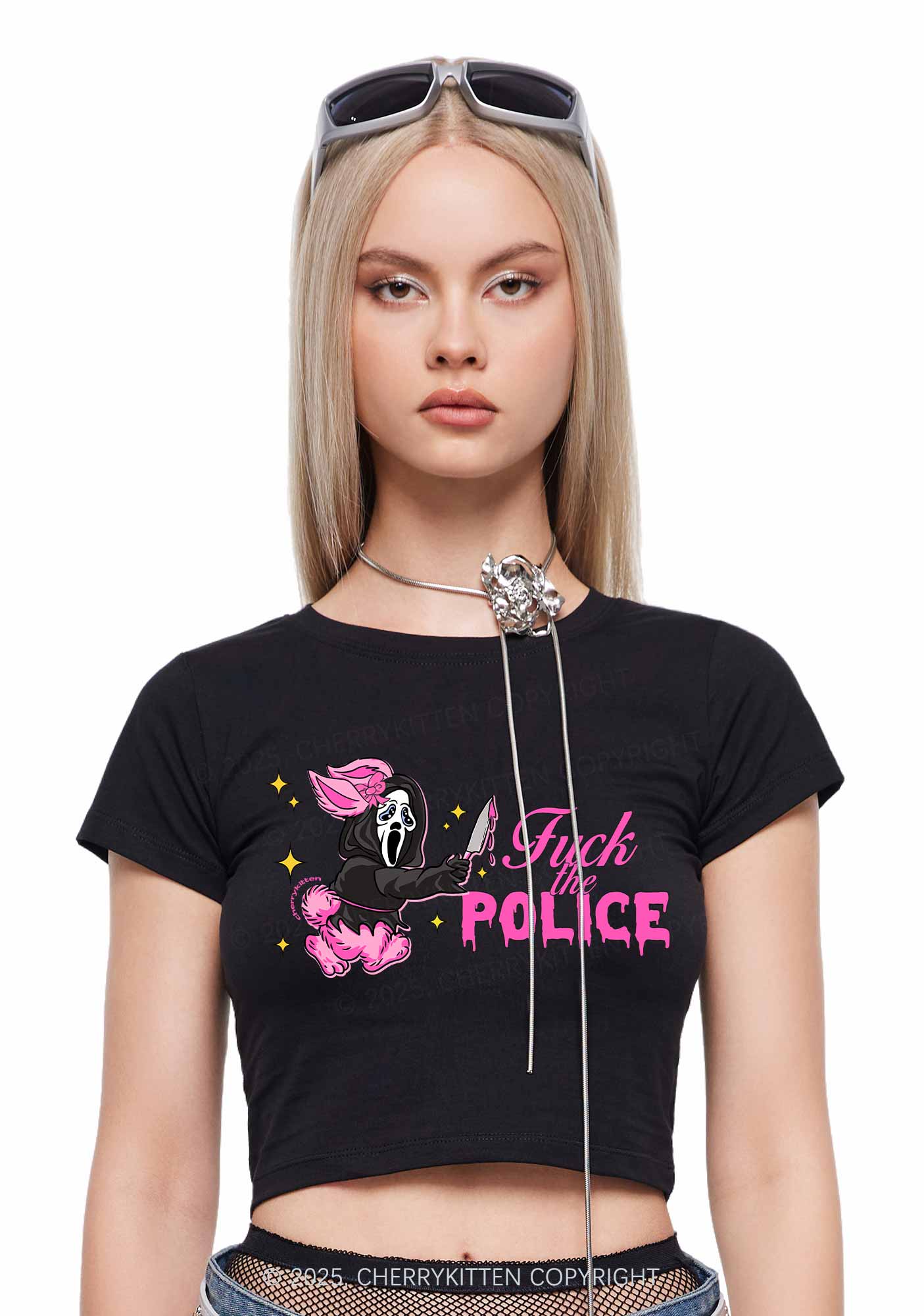 Halloween Fxxk The Police Y2K Baby Tee Cherrykitten