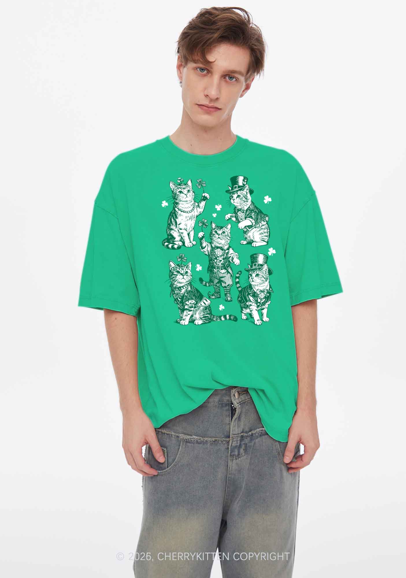 Green Lucky Cats St Patricks Y2K Shirts Washed Tee Cherrykitten