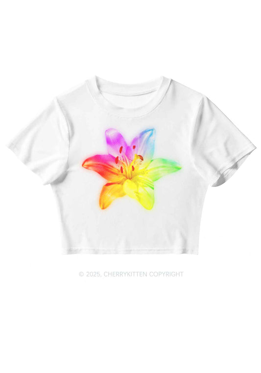 Rainbow Lily Pride Y2K Mesh Crop Top Cherrykitten