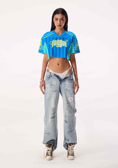 Faggot Blue Star Pride Y2K Crop Sport Jersey Shirts Cherrykitten