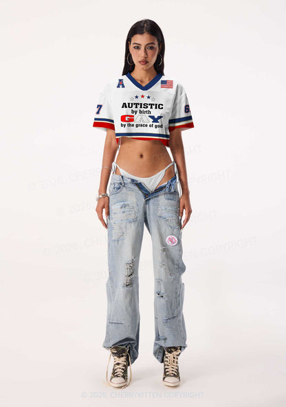 Autistic By Birth Gay Pride Y2K Crop Sport Jersey Shirts Cherrykitten