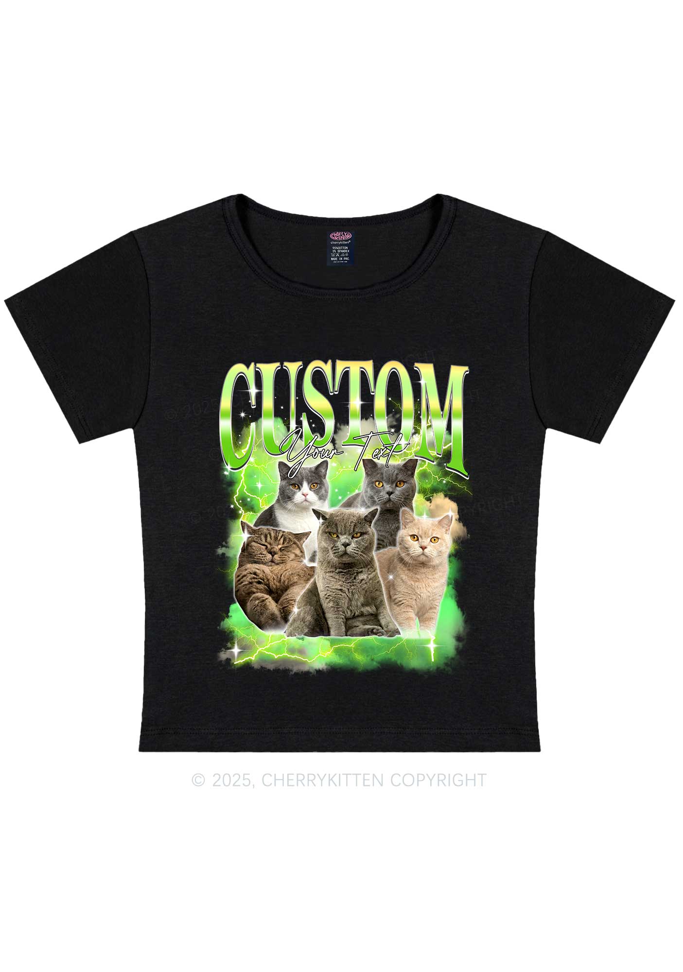 Custom Neon Lightning Cat Photo Y2K Baby Tee Cherrykitten