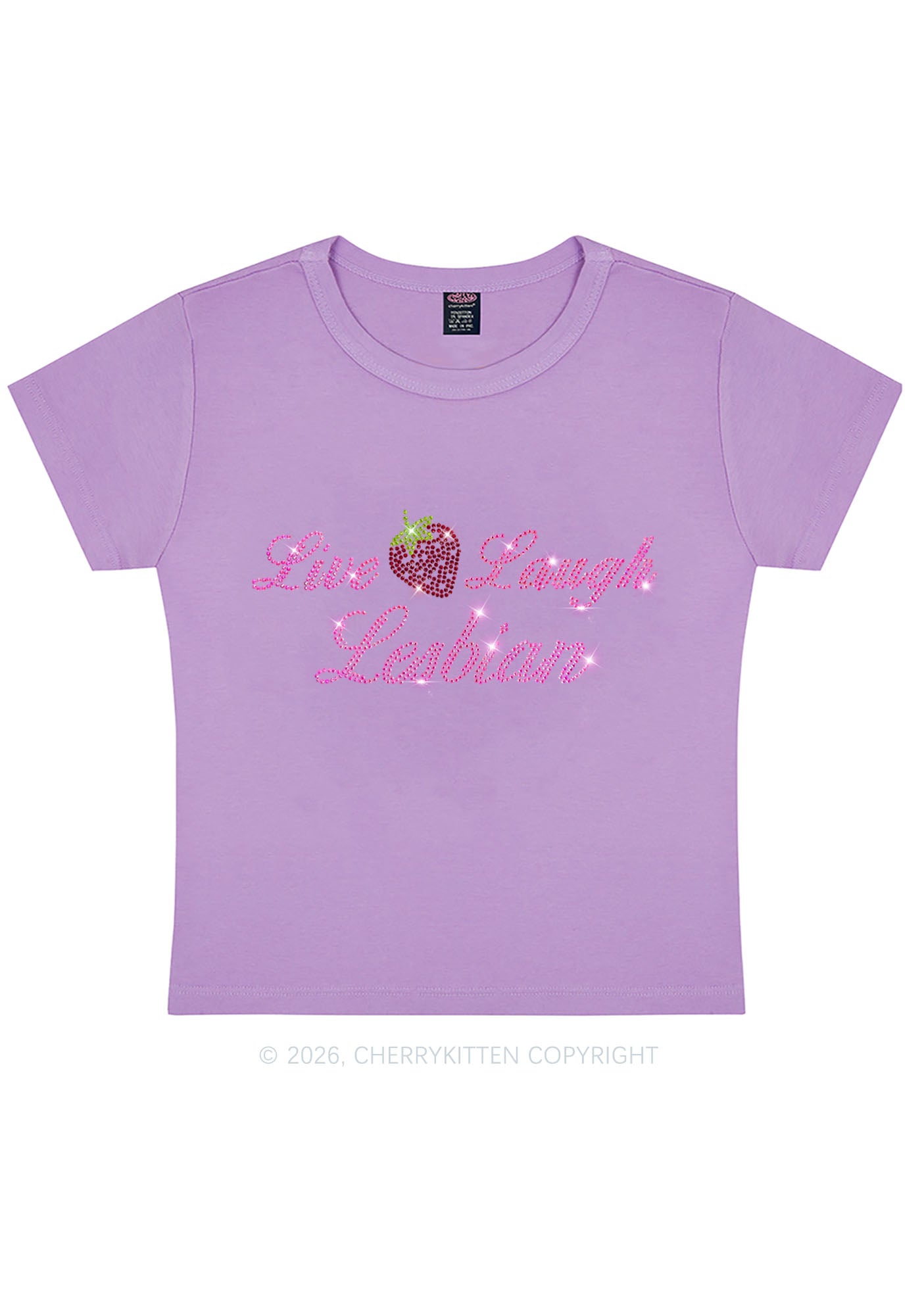 Rhinestone Live Laugh Lesbian Strawberry Pride Y2K Baby Tee Cherrykitten