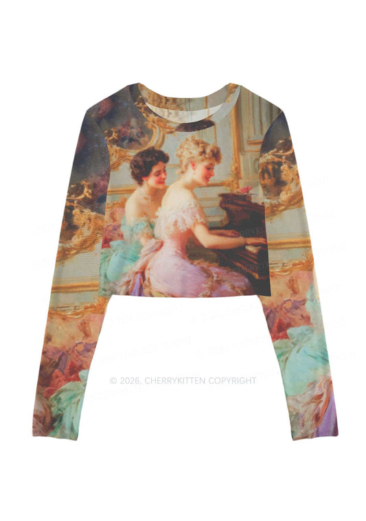 Elegant Piano Room Pride Y2K Mesh Long Sleeve Crop Top Cherrykitten