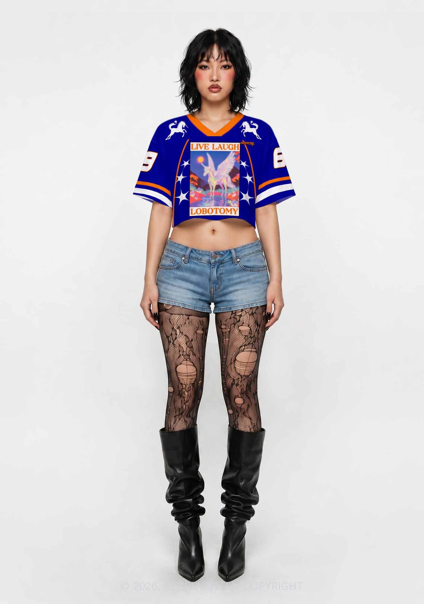Dark Blue Live Laugh Lobotomy Y2K Crop Sport Jersey Shirts Cherrykitten