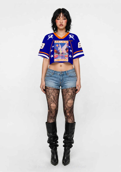 Dark Blue Live Laugh Lobotomy Y2K Crop Sport Jersey Shirts Cherrykitten