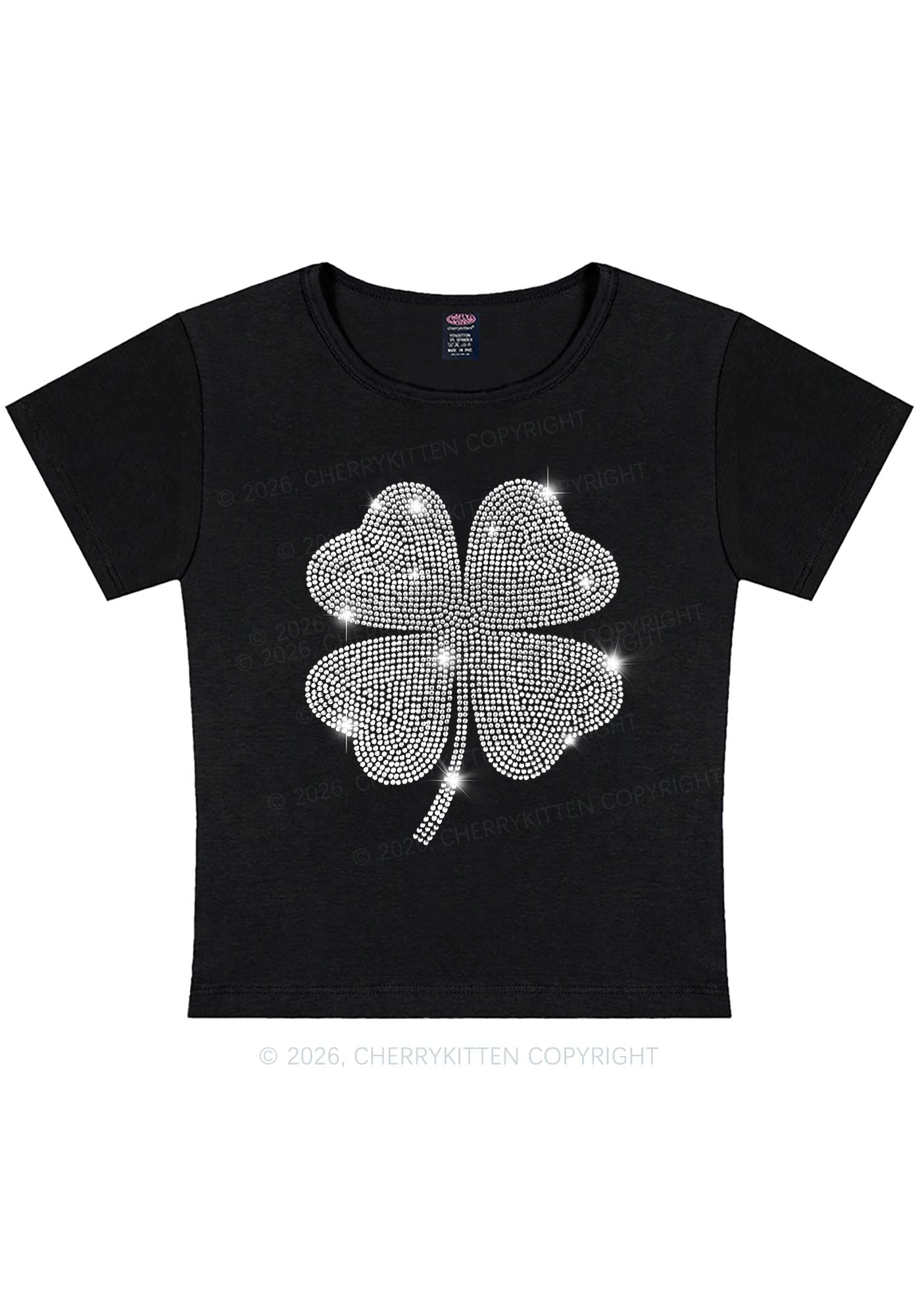 Rhinestone Four Leaf Clover St Patricks Y2K Baby Tee Cherrykitten