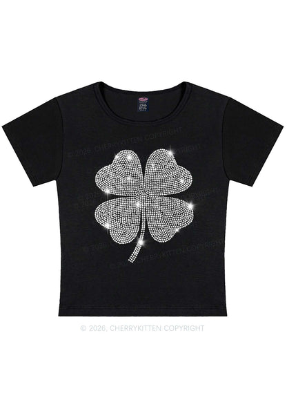 Rhinestone Four Leaf Clover St Patricks Y2K Baby Tee Cherrykitten
