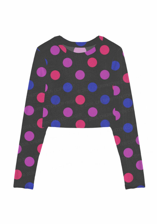 Bisexual Dots On Black Pride Y2K Mesh Long Sleeve Crop Top Cherrykitten