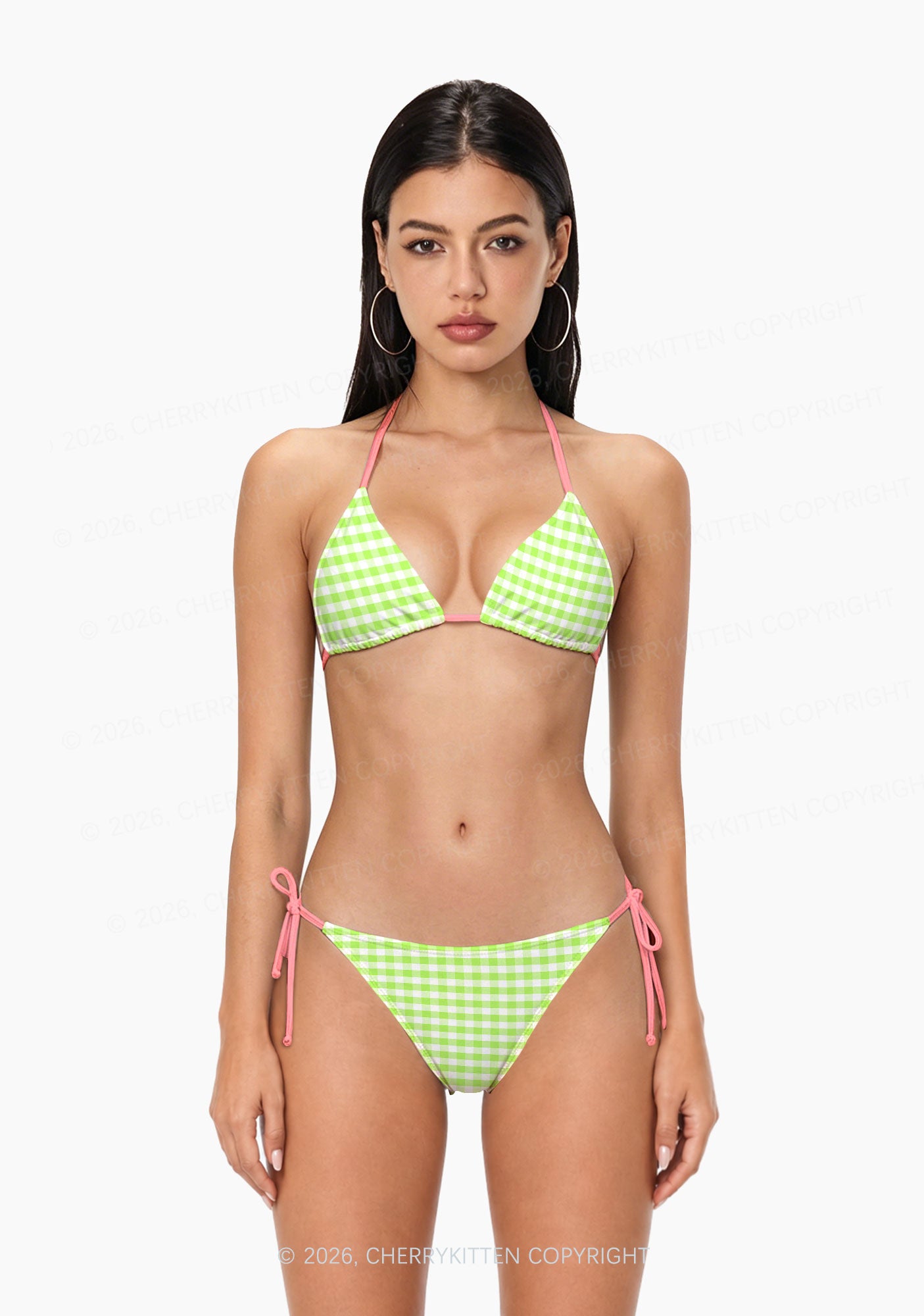 White Green Plaid Y2K Print Bikini Set Cherrykitten