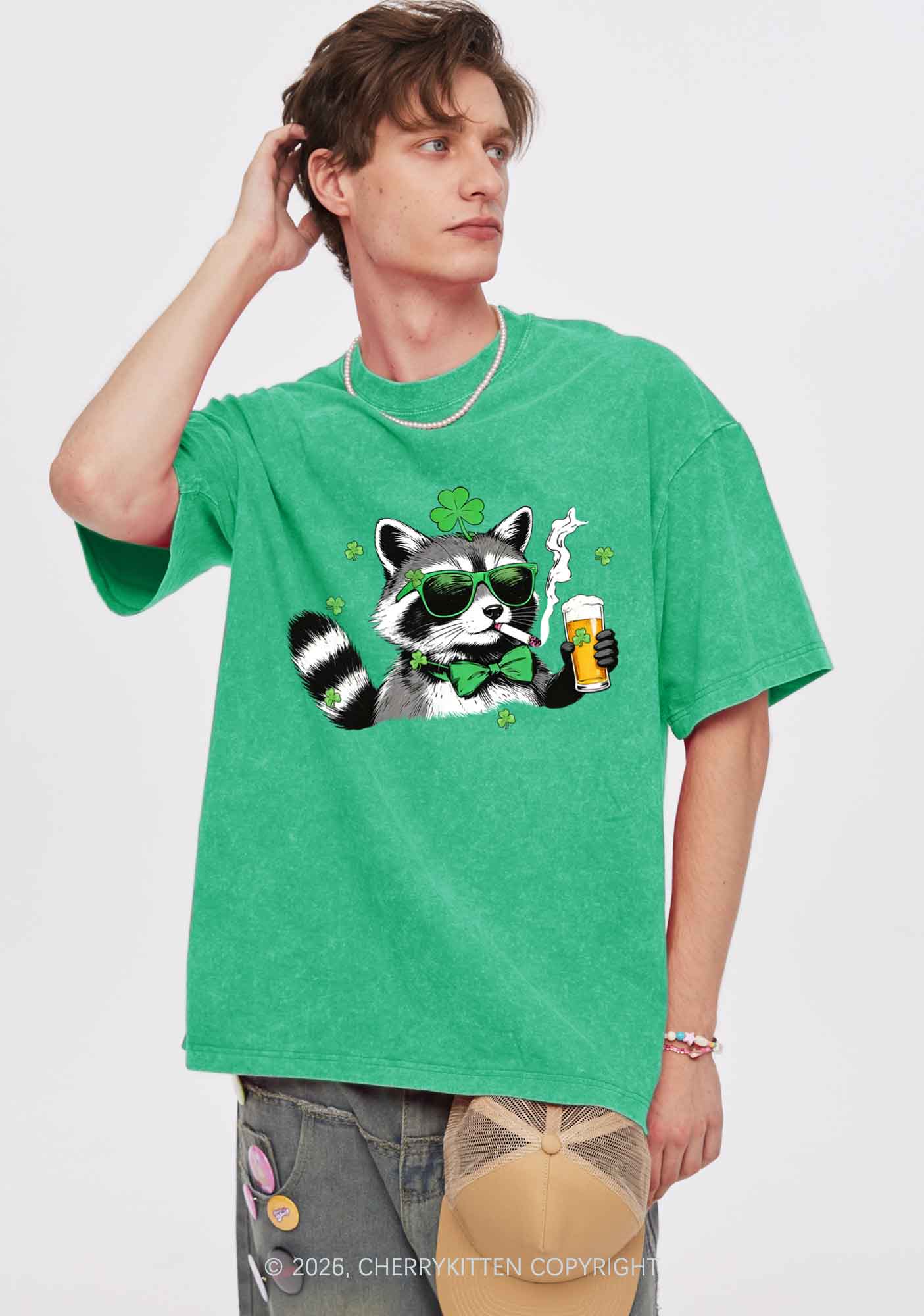 Shamrock Smoke Raccoon St Patricks Y2K Shirts Washed Tee Cherrykitten