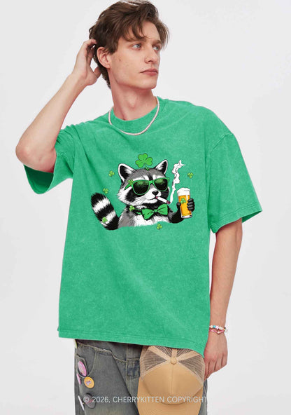 Shamrock Smoke Raccoon St Patricks Y2K Shirts Washed Tee Cherrykitten