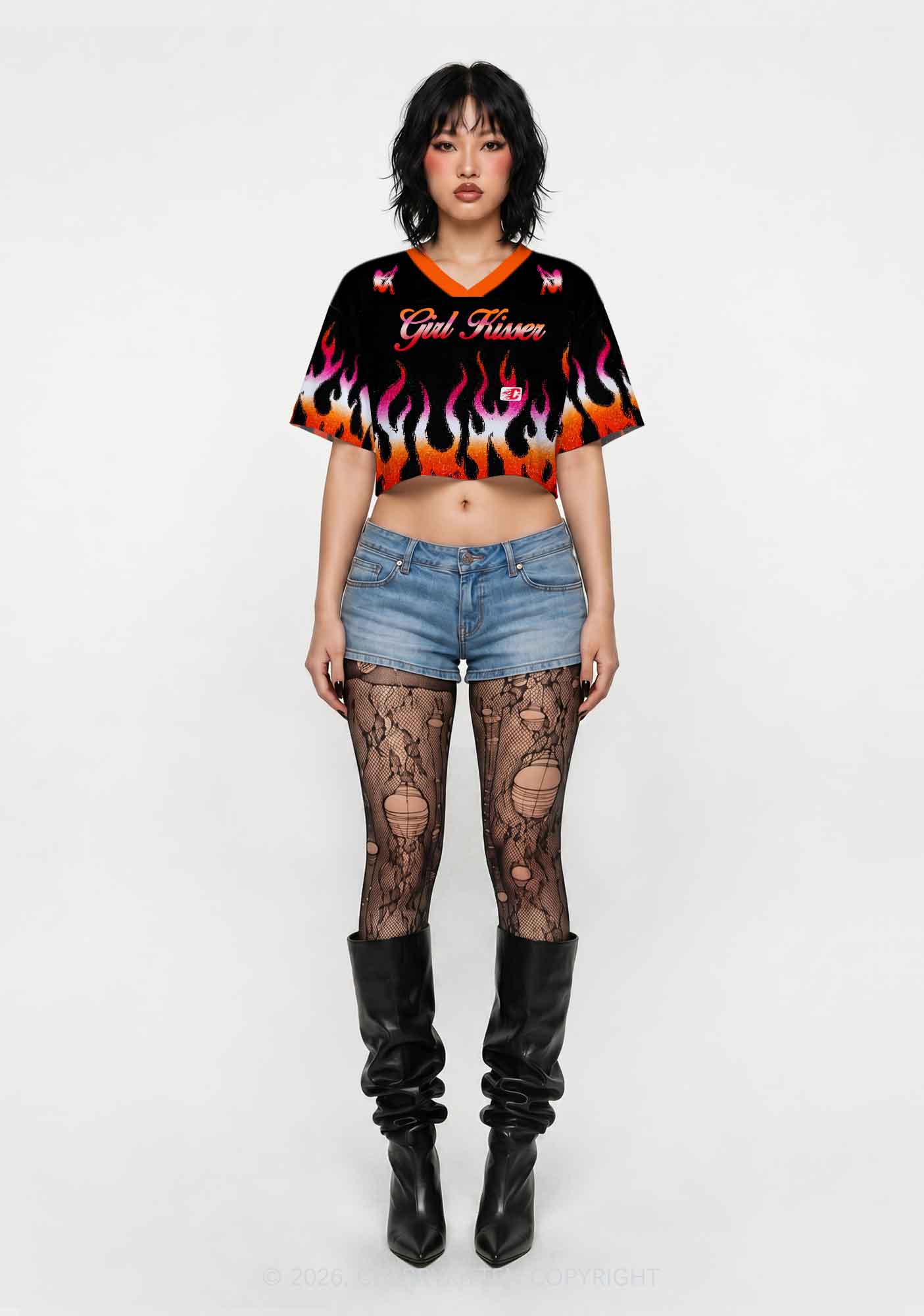 Girl Kisser Lesbian Flame Pride Y2K Crop Sport Jersey Shirts Cherrykitten