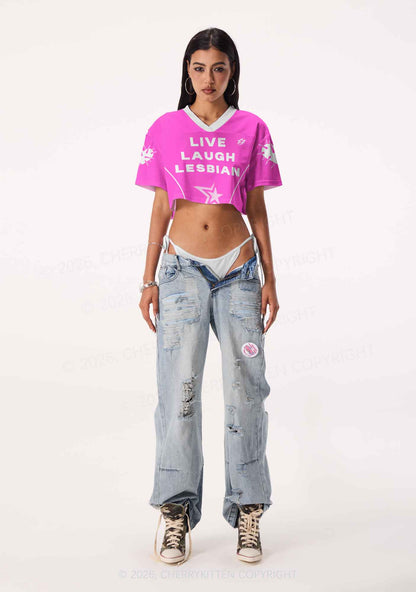 Hot Pink Live Laugh Lesbian Pride Y2K Crop Sport Jersey Shirts Cherrykitten