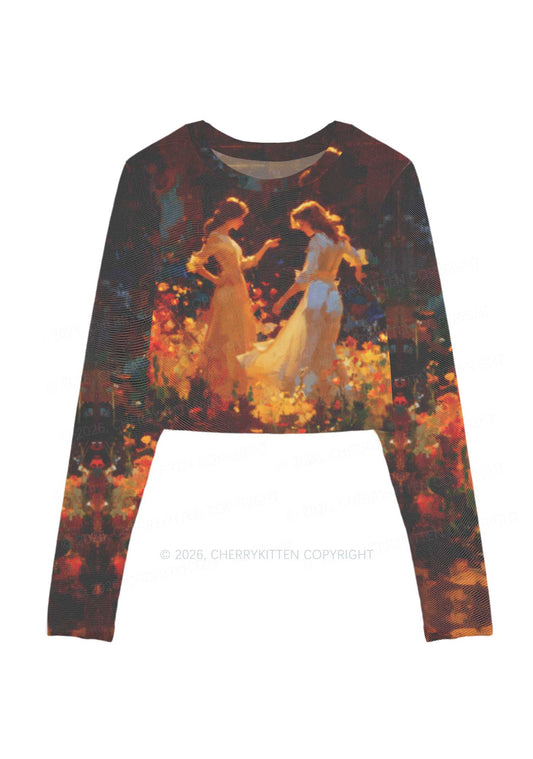 Dancing In Garden Pride Y2K Mesh Long Sleeve Crop Top Cherrykitten