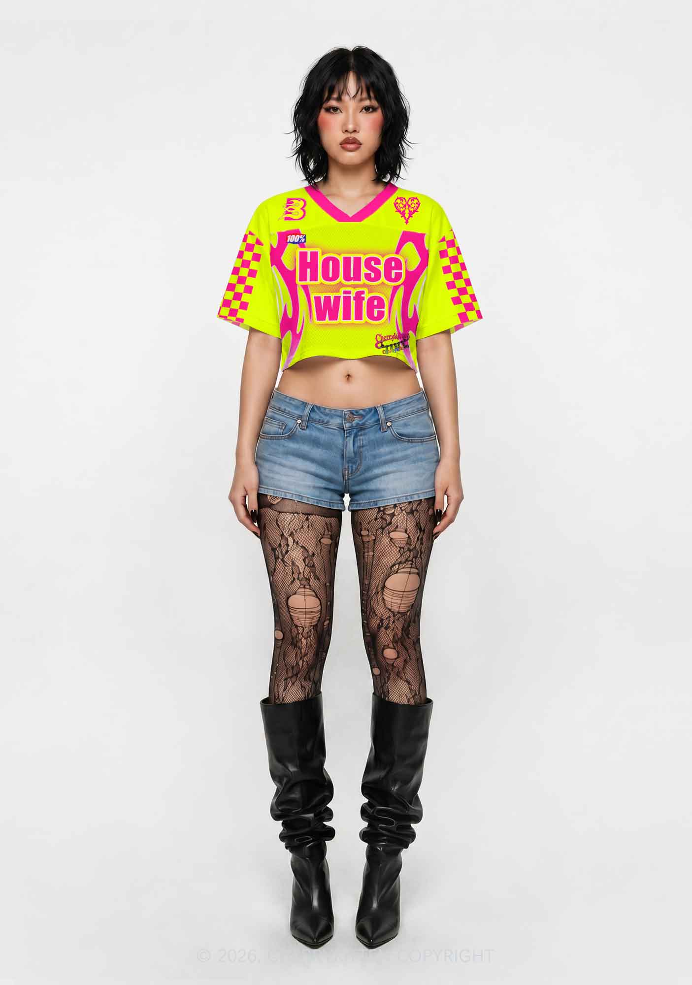 Lime Yellow House Wife Y2K Crop Sport Jersey Shirts Cherrykitten
