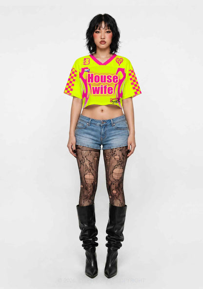 Lime Yellow House Wife Y2K Crop Sport Jersey Shirts Cherrykitten