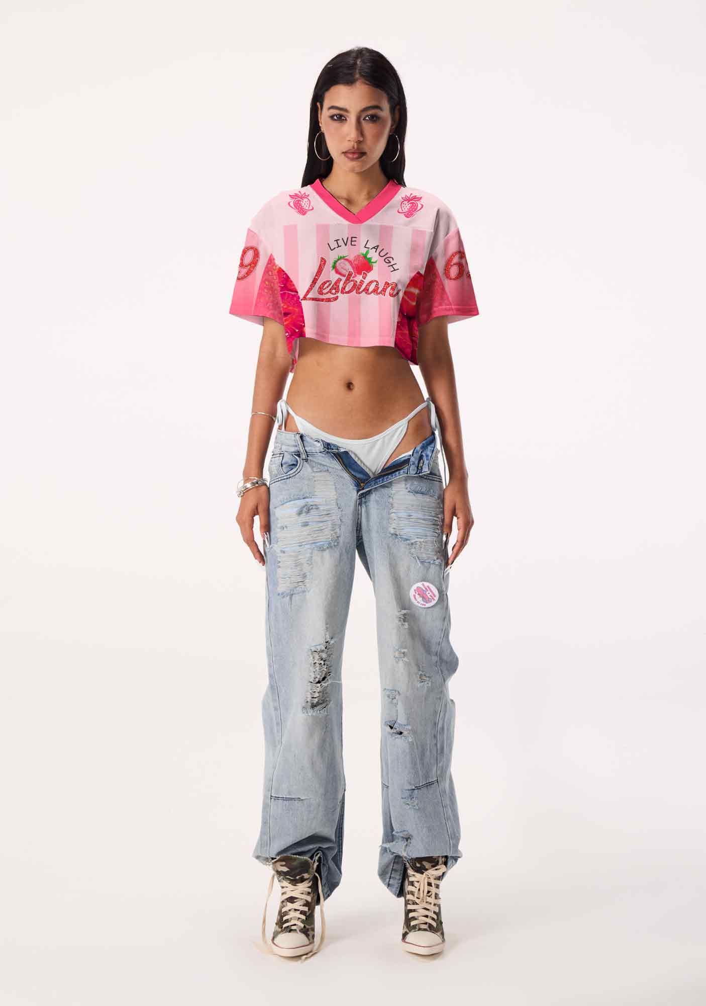 Live Laugh Lesbian Strawberry Pride Y2K Crop Sport Jersey Shirts Cherrykitten