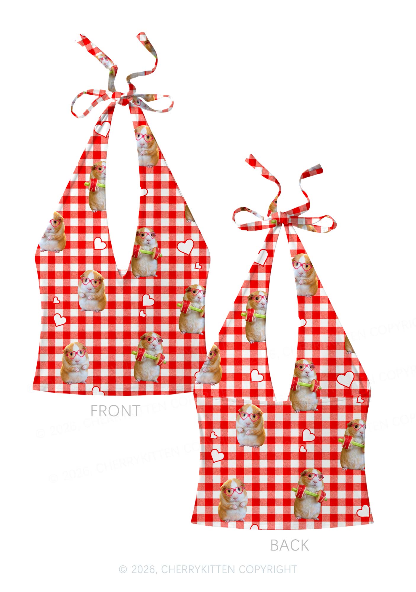 Gym Guinea Pig Red Plaid Y2K Print Halter Deep V Neck Cami Cherrykitten