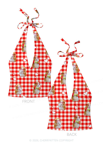 Gym Guinea Pig Red Plaid Y2K Print Halter Deep V Neck Cami Cherrykitten