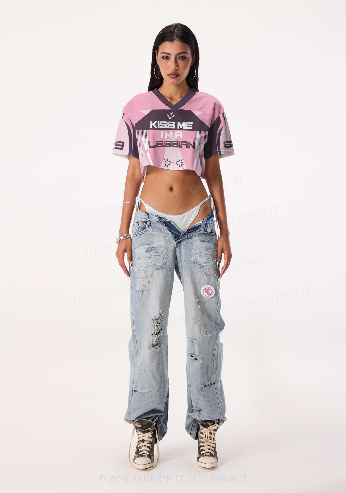 Kiss Me Im Lesbian Pride Y2K Crop Sport Jersey Shirts Cherrykitten