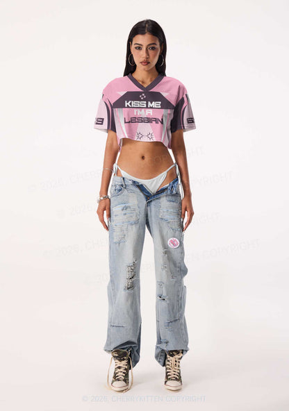 Kiss Me Im Lesbian Pride Y2K Crop Sport Jersey Shirts Cherrykitten