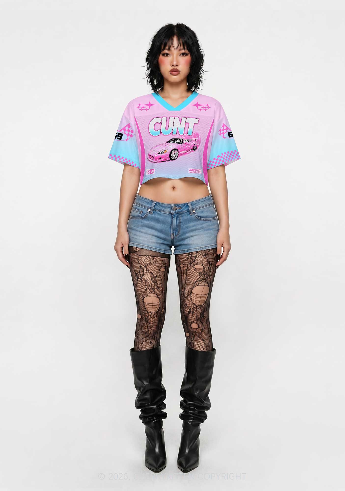 Cxxt Pink Sports Car Y2K Crop Sport Jersey Shirts Cherrykitten