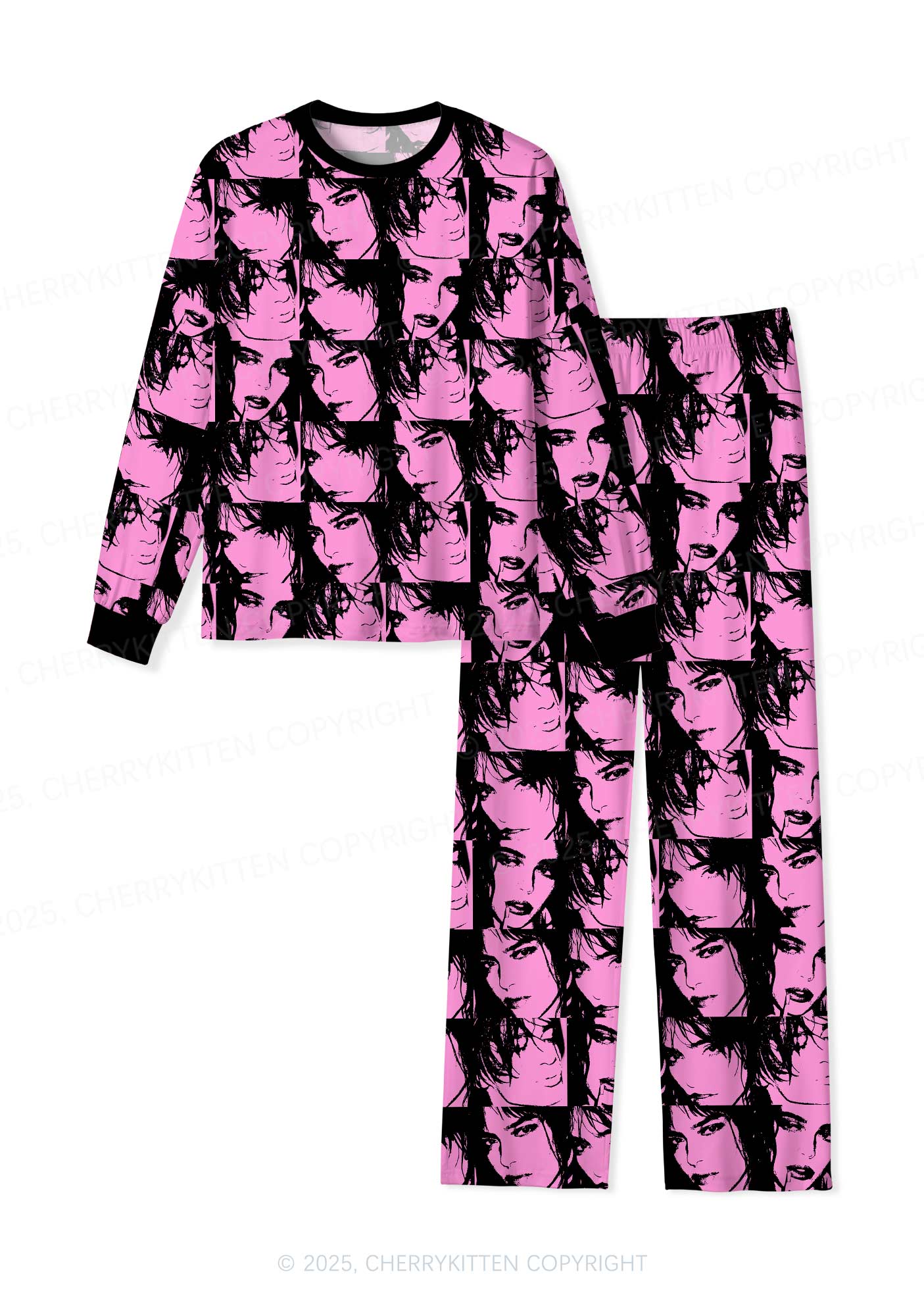 Pink Custom Portrait Valentine's Day Y2K Print Long Sleeve Pajama Set Cherrykitten